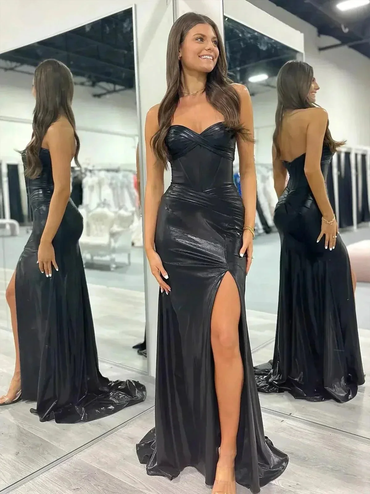 Hedda | Mermaid Sweetheart Strapless Metallic Empire Prom Dress With Side Slit - Image 8