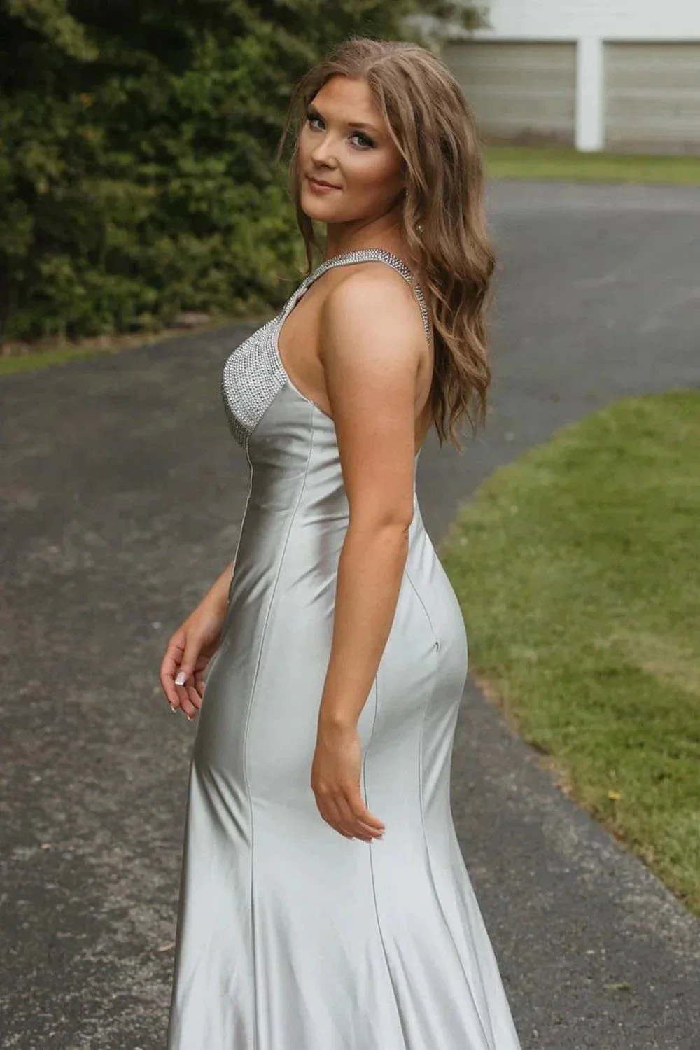 Hedy | Silver Halter Mermaid Satin Beaded Prom Dress With Split - Image 2
