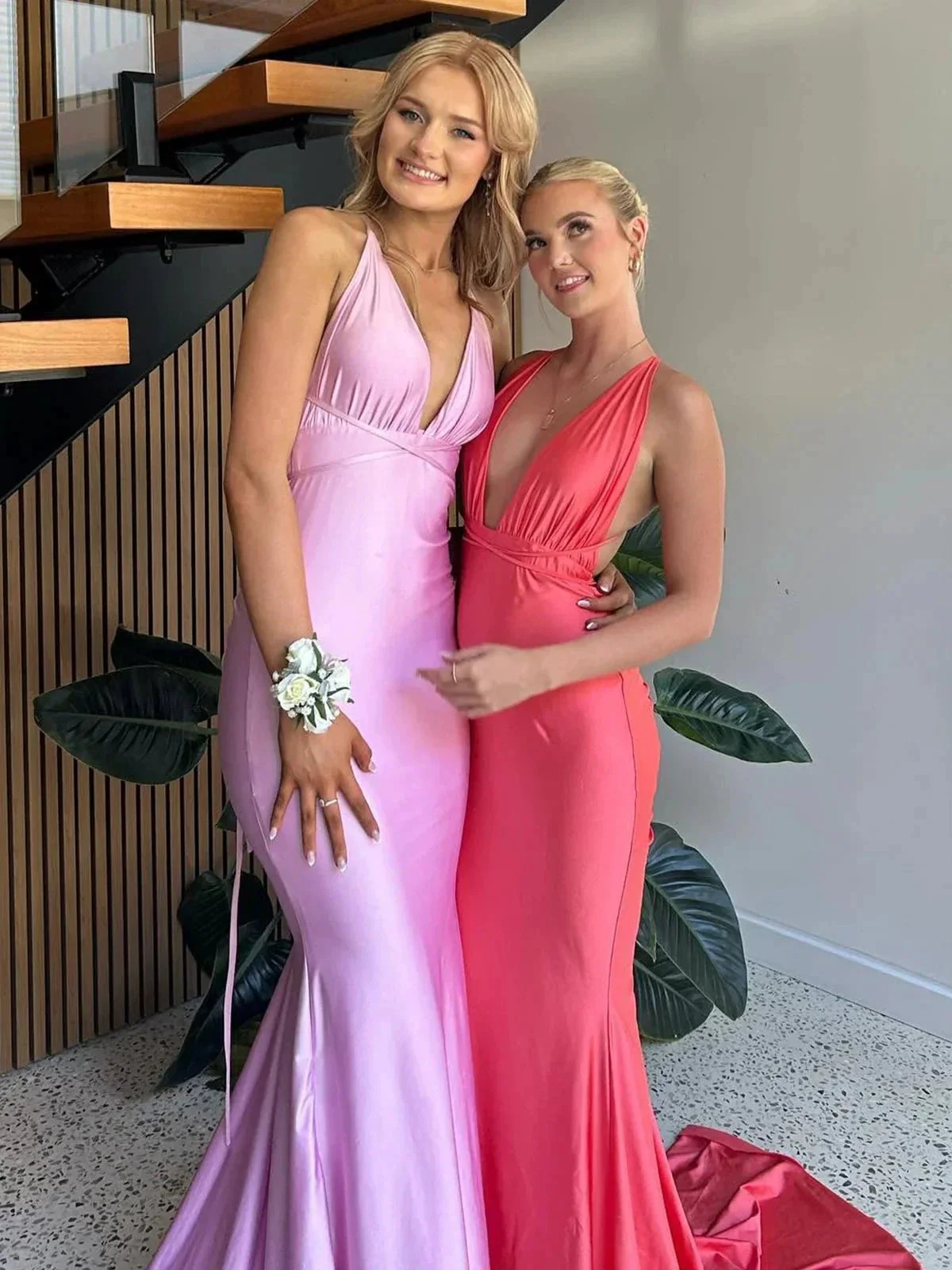 Helaina | Plunge Neck Light Pink Mermaid Satin Long Prom Dress - Image 2