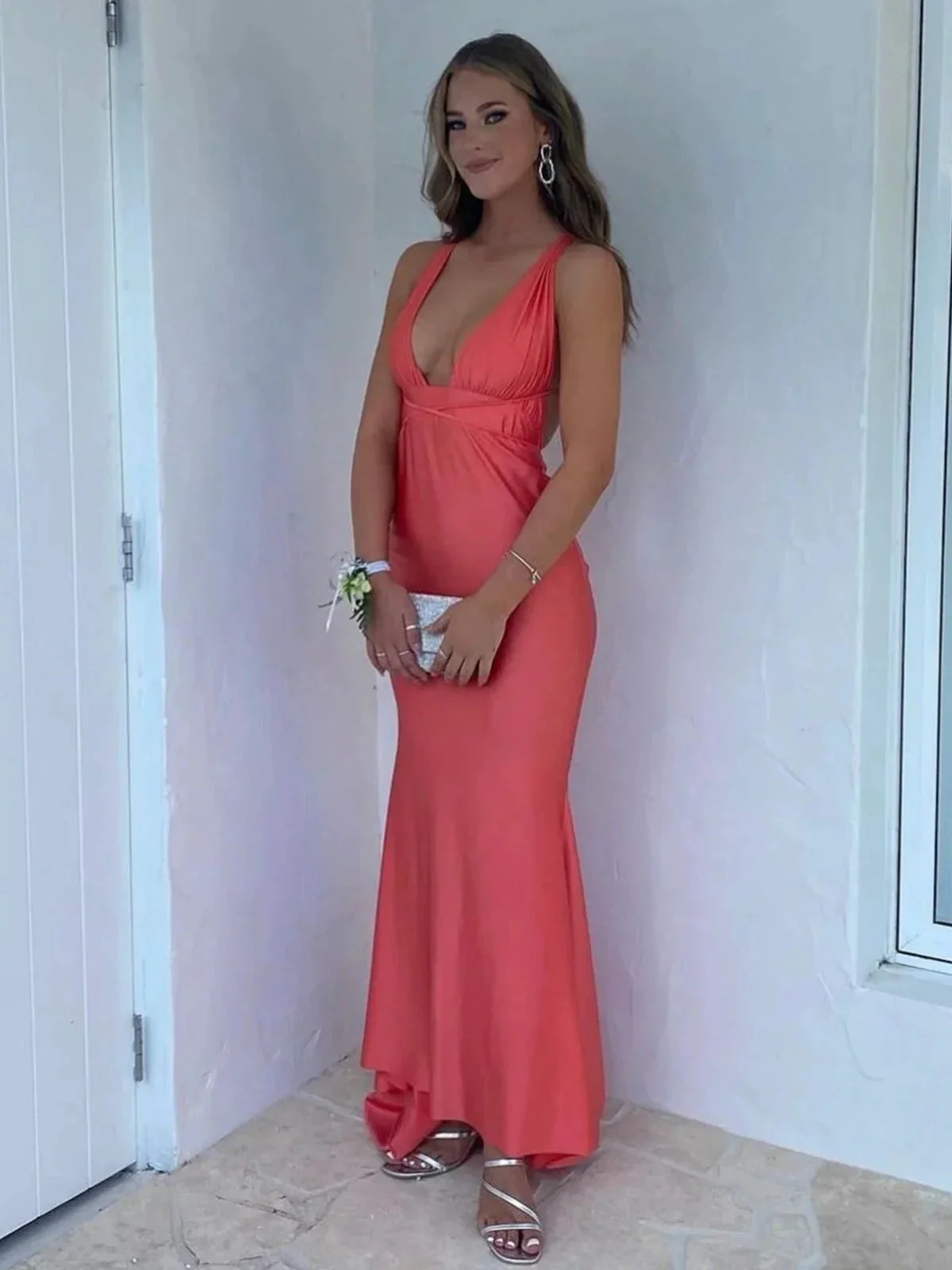 Helaina | Plunge Neck Light Pink Mermaid Satin Long Prom Dress - Image 4
