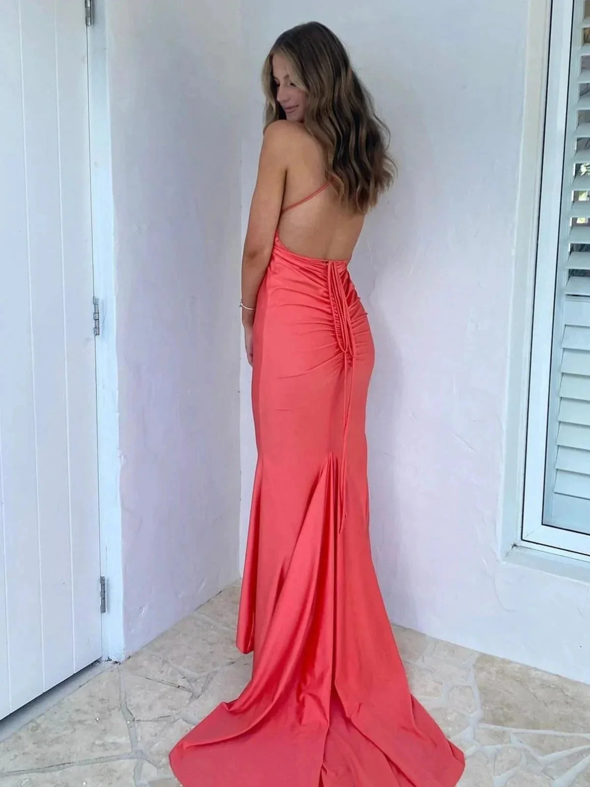 Helaina | Plunge Neck Light Pink Mermaid Satin Long Prom Dress - Image 5