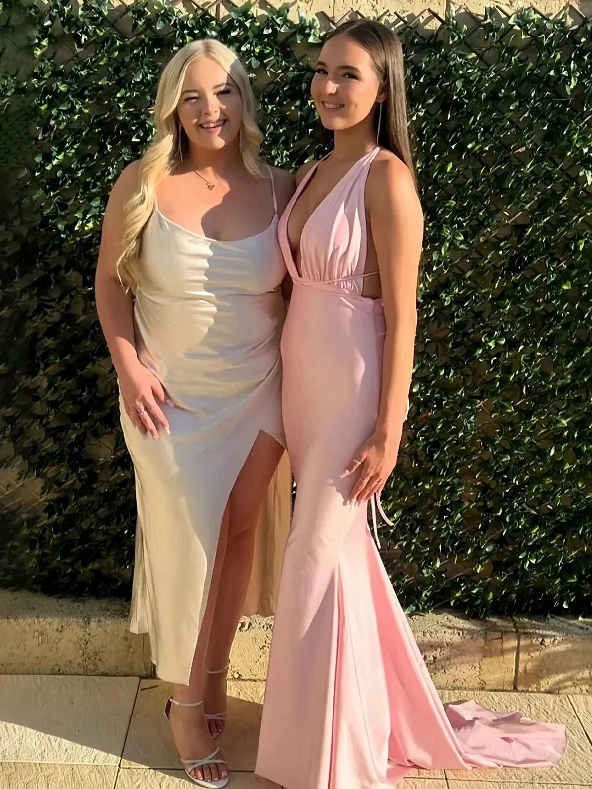 Helaina | Plunge Neck Light Pink Mermaid Satin Long Prom Dress - Image 8
