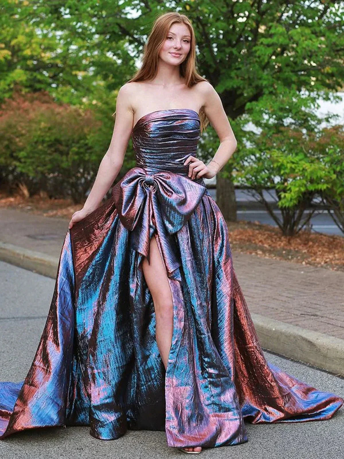 Heloise | Fuchsia Strapless A-Line Long Prom Dress With Bow - Image 10