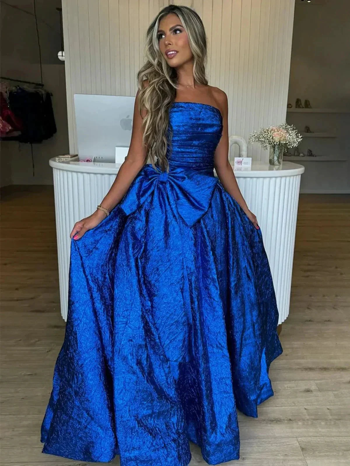 Heloise | Fuchsia Strapless A-Line Long Prom Dress With Bow - Image 4