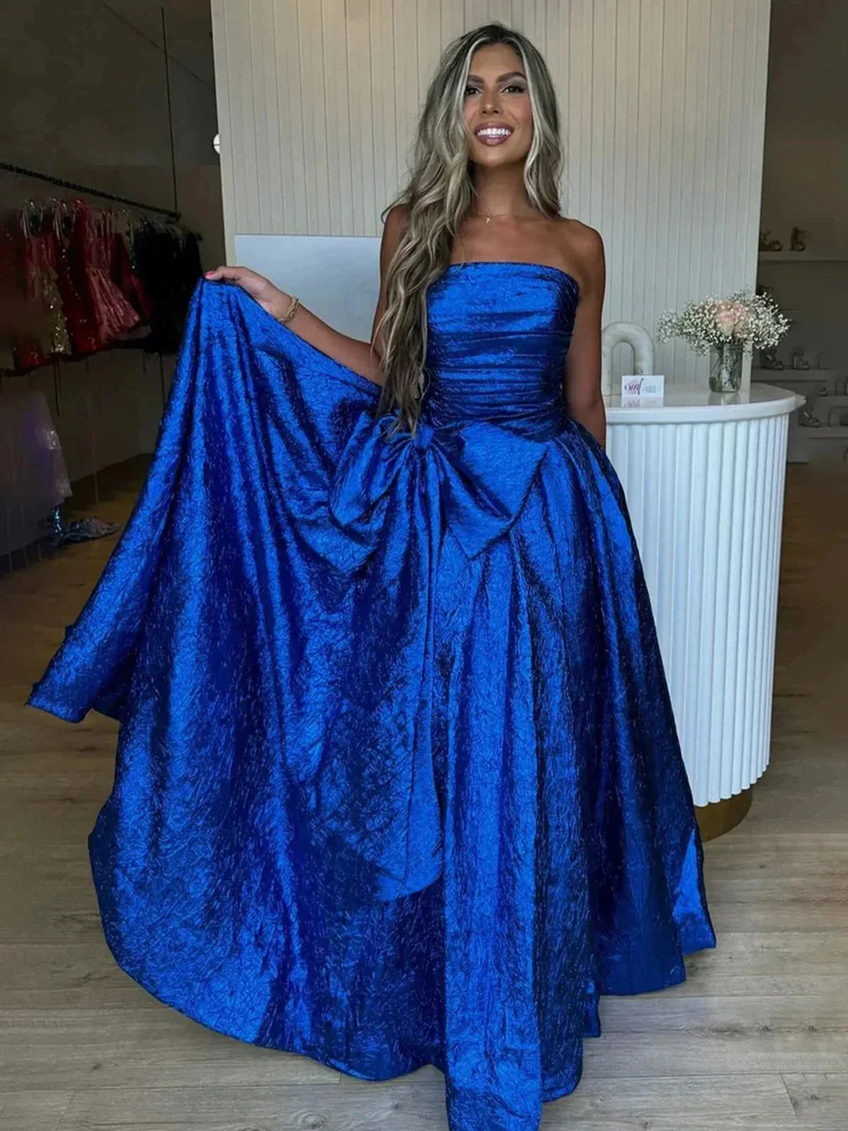 Heloise | Fuchsia Strapless A-Line Long Prom Dress With Bow - Image 5