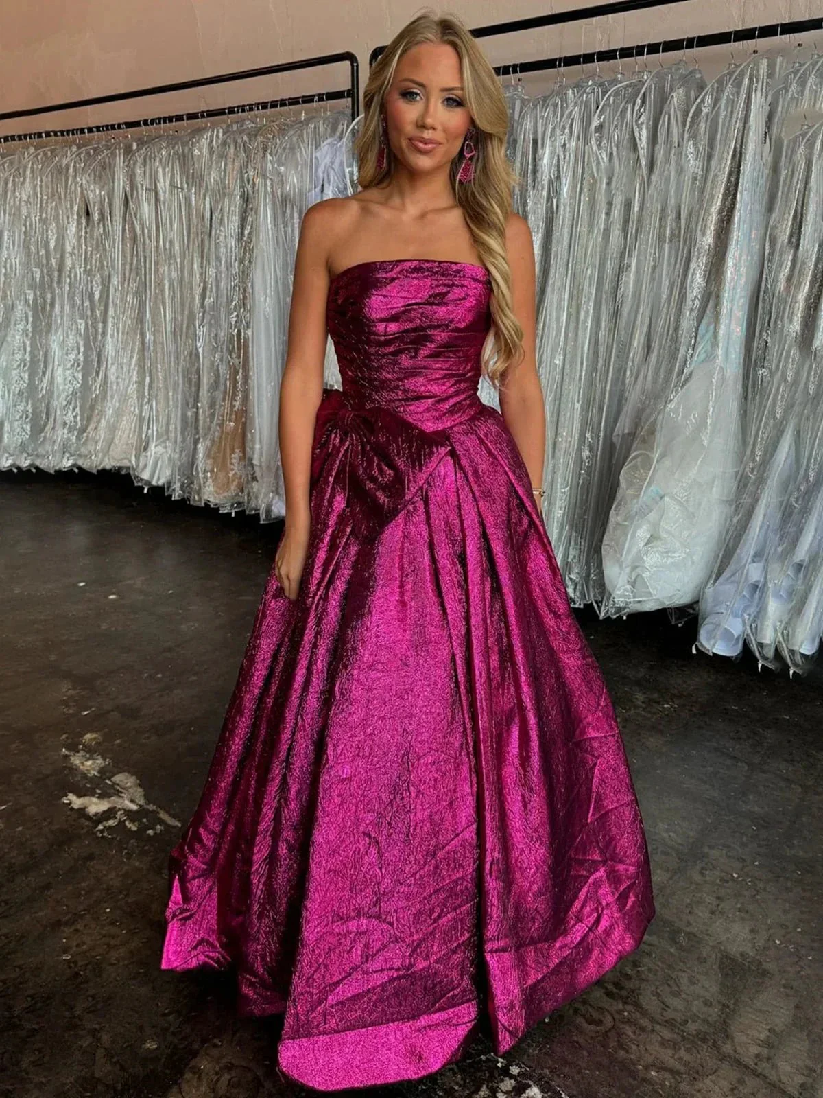 Heloise | Fuchsia Strapless A-Line Long Prom Dress With Bow - Image 6