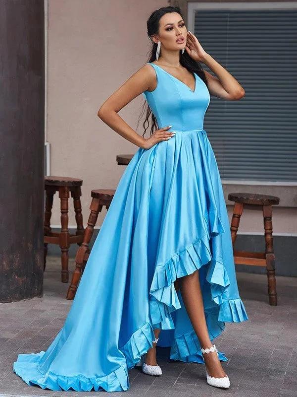 Hi-Lo Sapphire Serenity V-Neck Sleeveless A-Line Evening Gown - Image 4