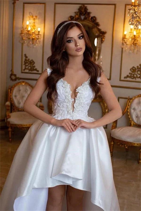 High Low V-neck Satin Lace White Wedding Dress - Image 2