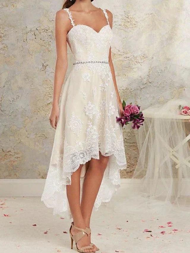 High Low A-Line Asymmetrical Lace Tulle Sleeveless Wedding Dresses - Image 2