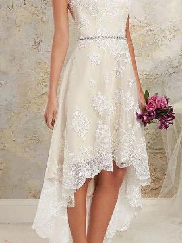 High Low A-Line Asymmetrical Lace Tulle Sleeveless Wedding Dresses - Image 3