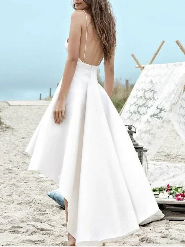 High Low A-Line V Neck Spaghetti Strap Satin Wedding Dresses with Pockets - Image 2