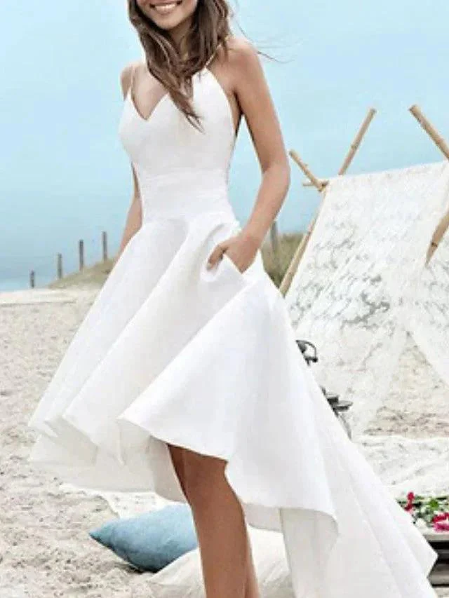 High Low A-Line V Neck Spaghetti Strap Satin Wedding Dresses with Pockets - Image 3