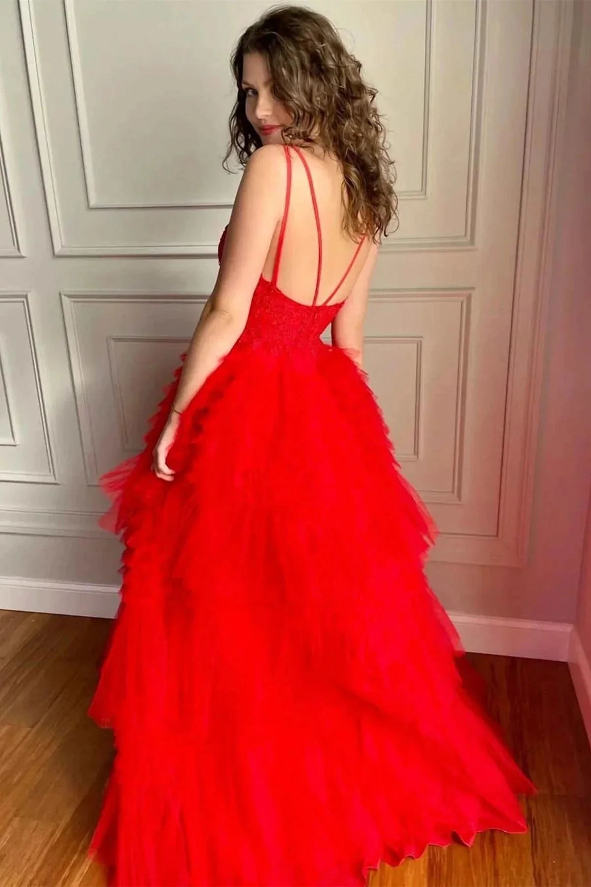 High Low A-line V Neck Tulle Lace Prom Dress Red Formal Evening Gowns - Image 3