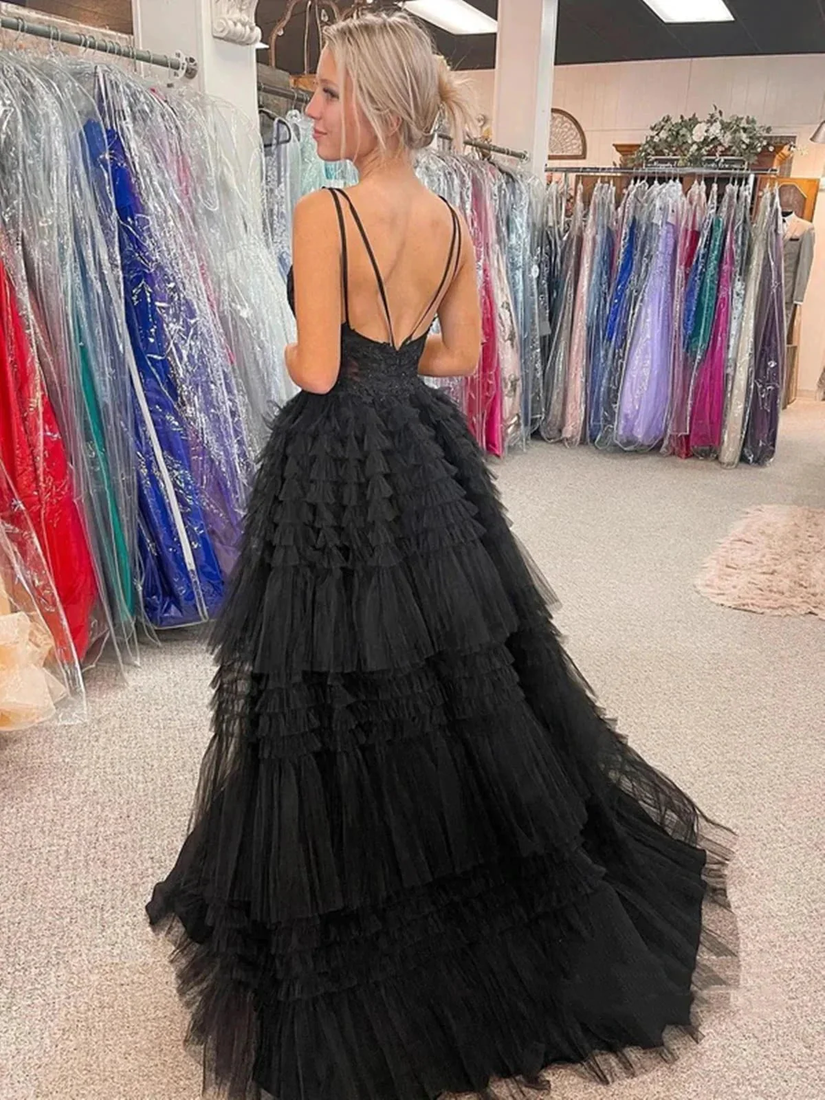 High Low A-line V-neck Tulle Prom Dress Black Formal Evening Dresses - Image 2