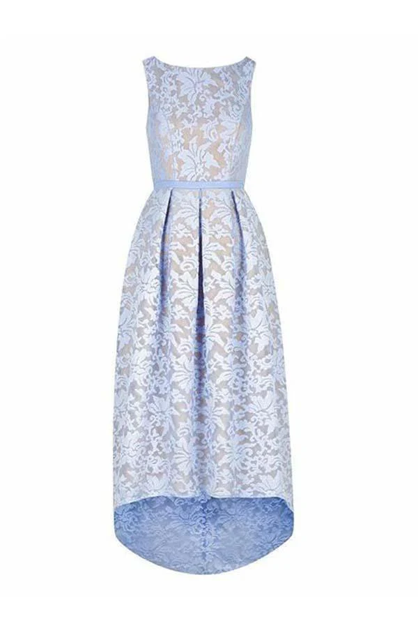 High Low Bateau Sleeveless Light Sky Blue Lace Bridesmaid Dress  BD046 - Image 2