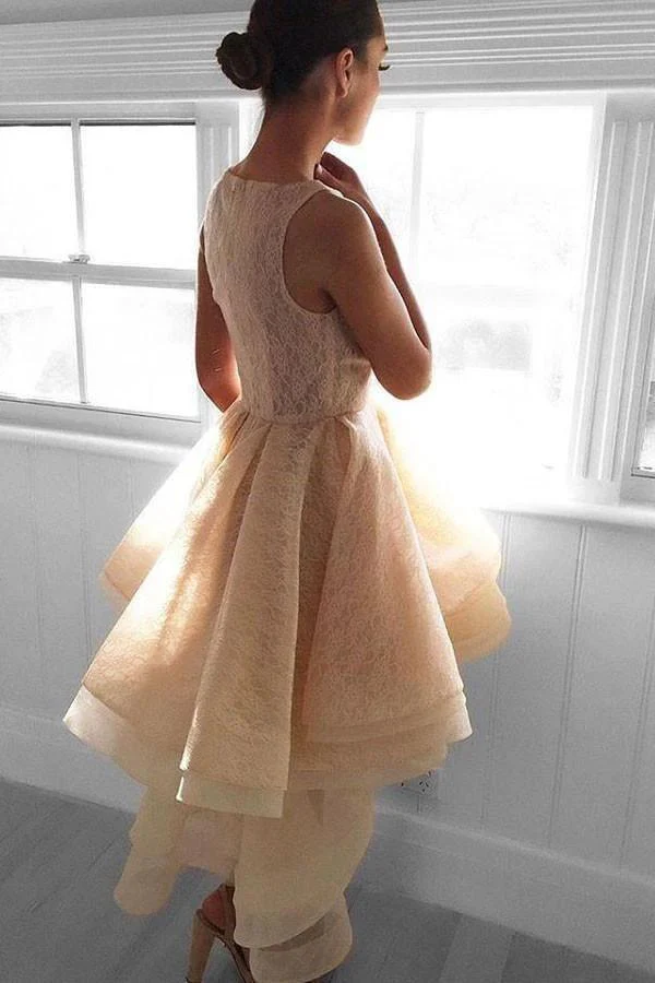 High Low Peach Lace Short Homecoming Dress Party Dresses PG142 - Image 2