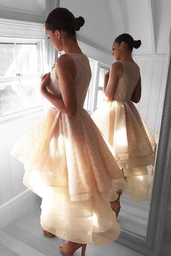 High Low Peach Lace Short Homecoming Dress Party Dresses PG142 - Image 3