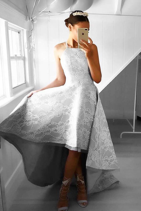 High-Low Sleeveless Grey Satin Prom Dress Evening Dress with Lace PG093 - Image 2
