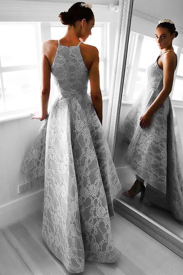 High-Low Sleeveless Grey Satin Prom Dress Evening Dress with Lace PG093 - Image 3