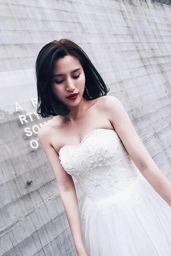 High Low Sweet Heart Tulle Beading Wedding Dresses With Court Train  WD085 - Image 2