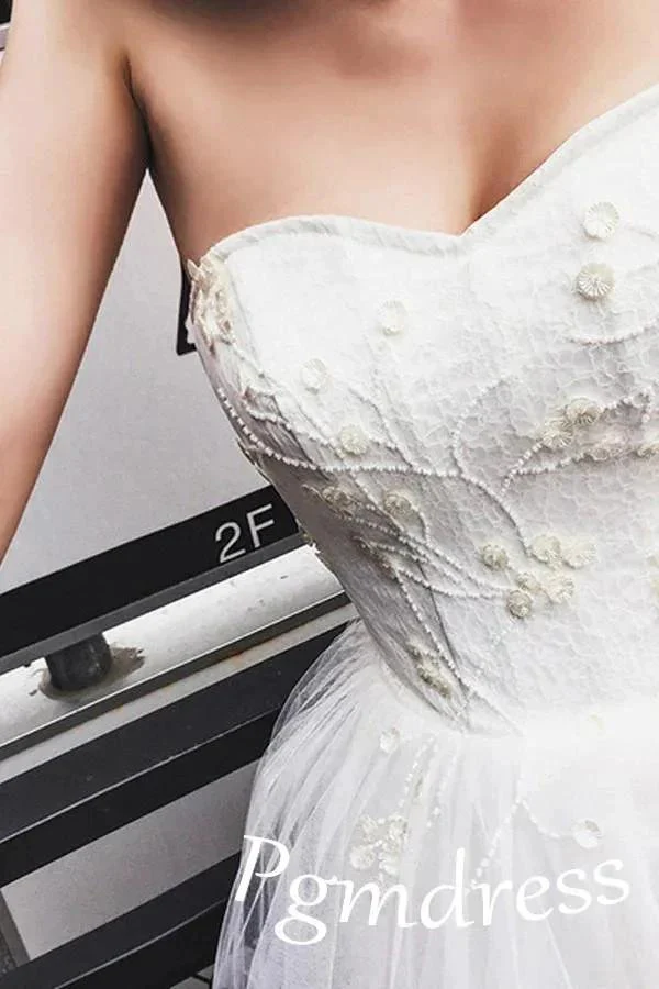 High Low Sweet Heart Tulle Beading Wedding Dresses With Court Train  WD085 - Image 4