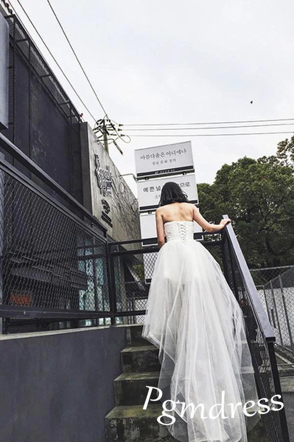 High Low Sweet Heart Tulle Beading Wedding Dresses With Court Train  WD085 - Image 5
