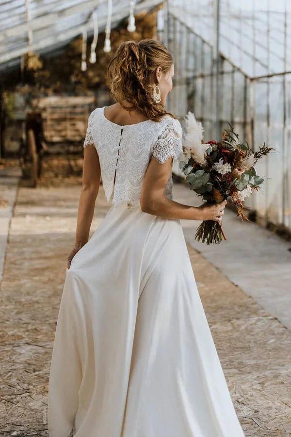 High Low Two Piece Satin Lace Wedding Dress with Sleeves - Image 2