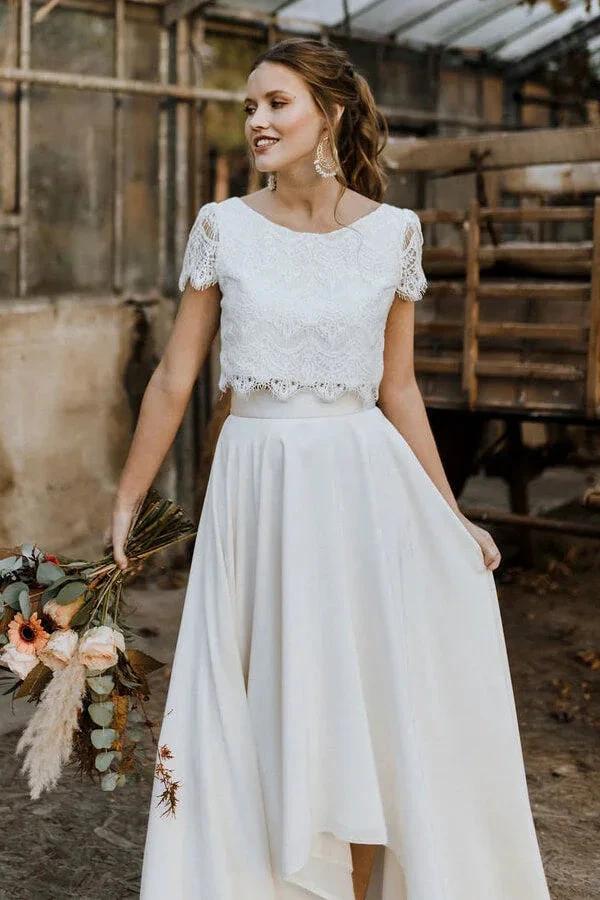High Low Two Piece Satin Lace Wedding Dress with Sleeves - Image 3