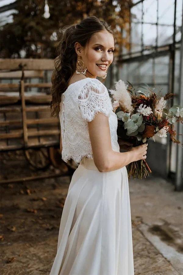 High Low Two Piece Satin Lace Wedding Dress with Sleeves - Image 4