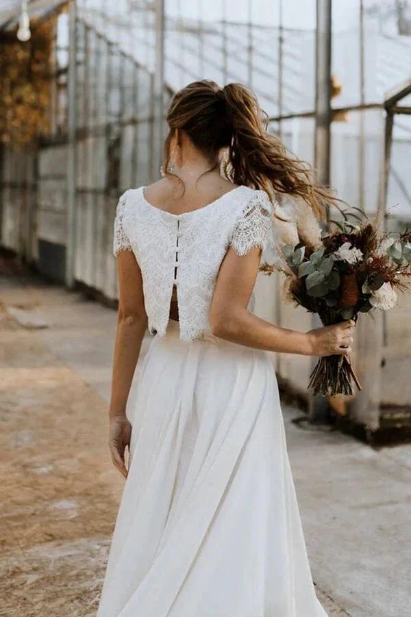 High Low Two Piece Satin Lace Wedding Dress with Sleeves - Image 5