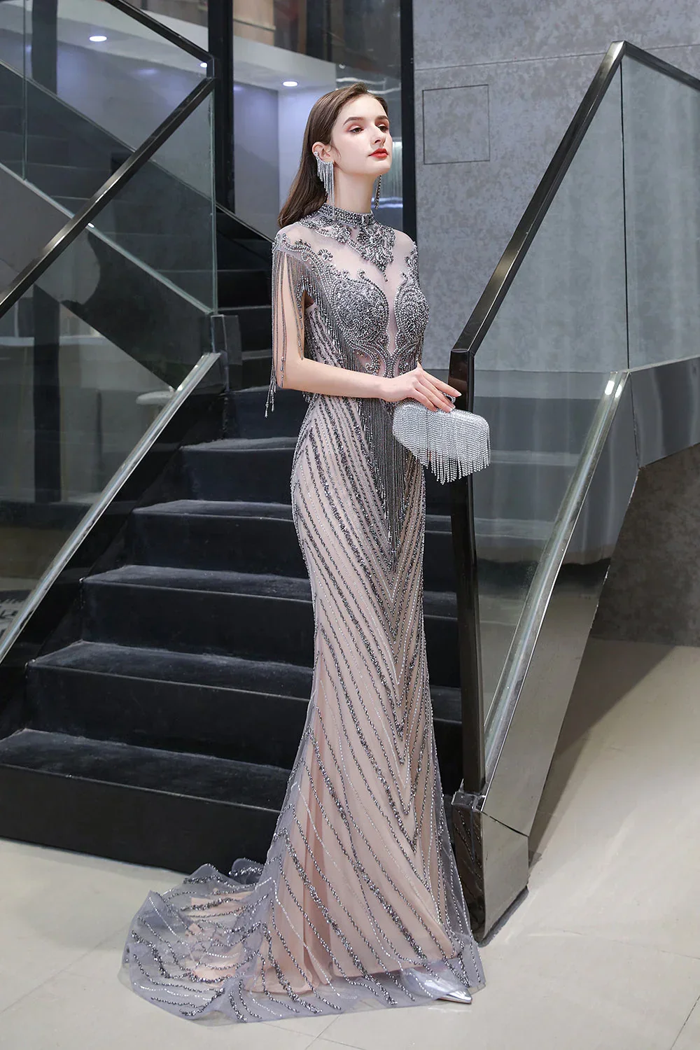 High Neck Cap sleeves Sparkle Beads Long Prom Dresses - Image 3