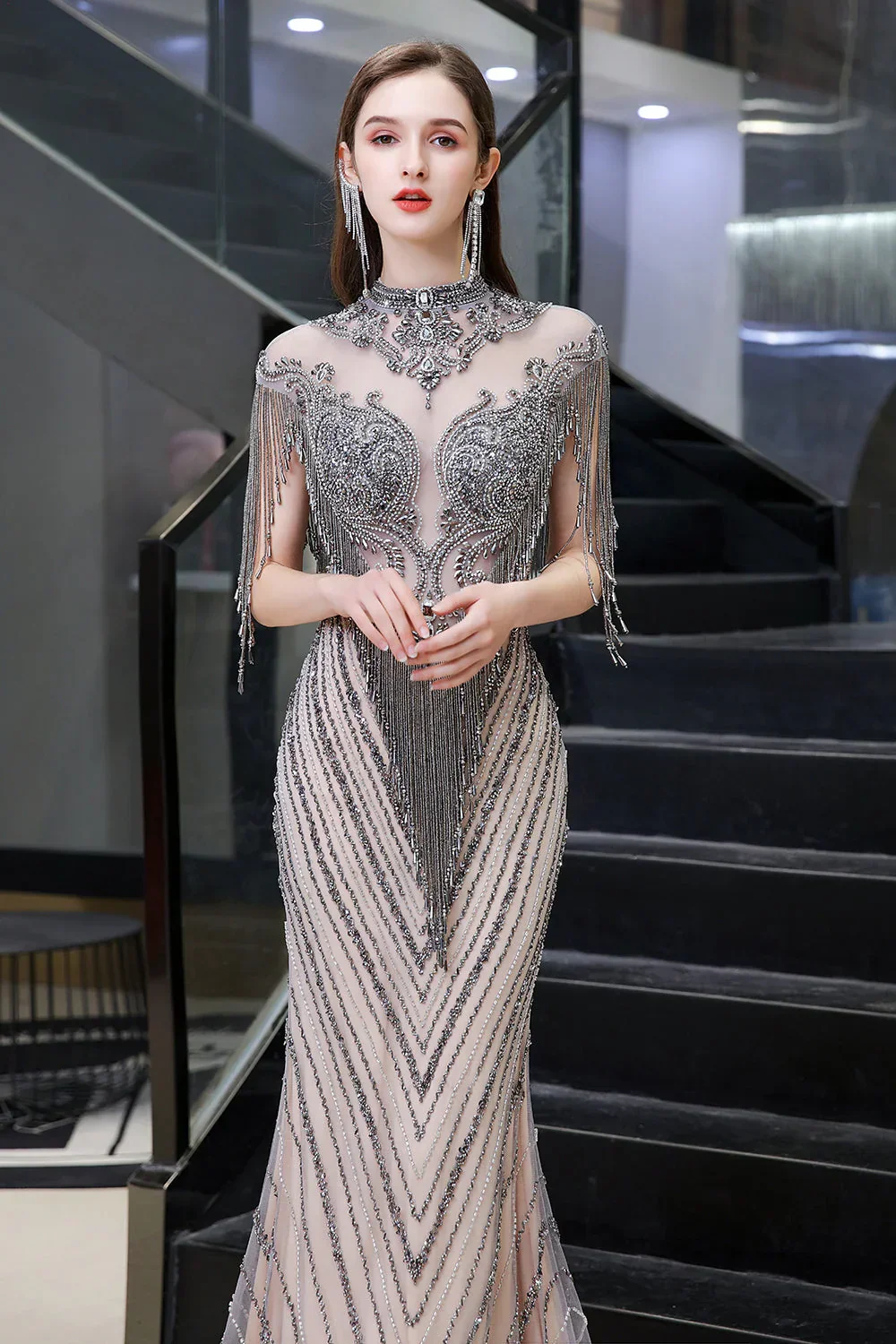 High Neck Cap sleeves Sparkle Beads Long Prom Dresses - Image 6