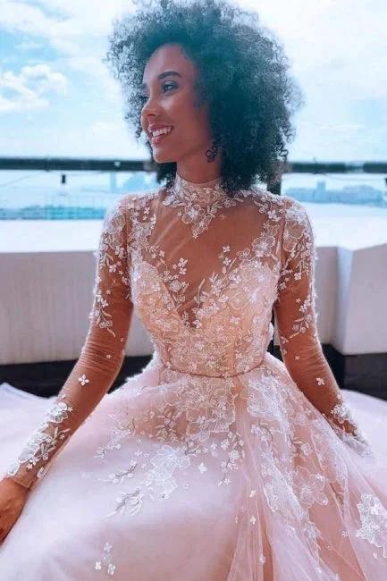 High neck Elegant Lace Long sleeves Wedding Dress - Image 2