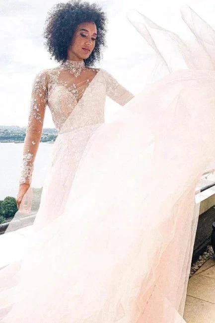 High neck Elegant Lace Long sleeves Wedding Dress - Image 5