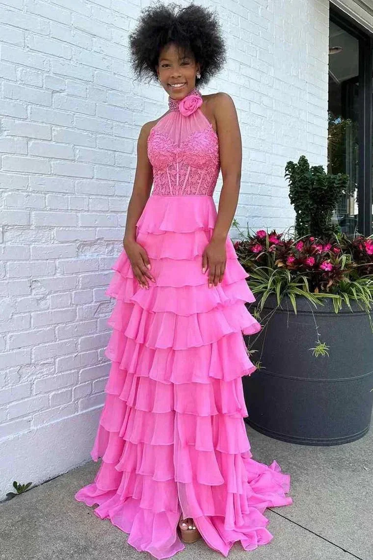 Emerie |A line High Neck Tiered Chiffon Prom Dress with 3D Flower - Image 2