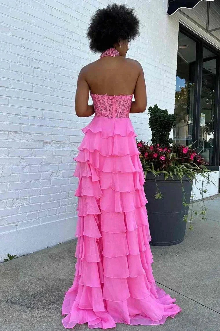 Emerie |A line High Neck Tiered Chiffon Prom Dress with 3D Flower - Image 3