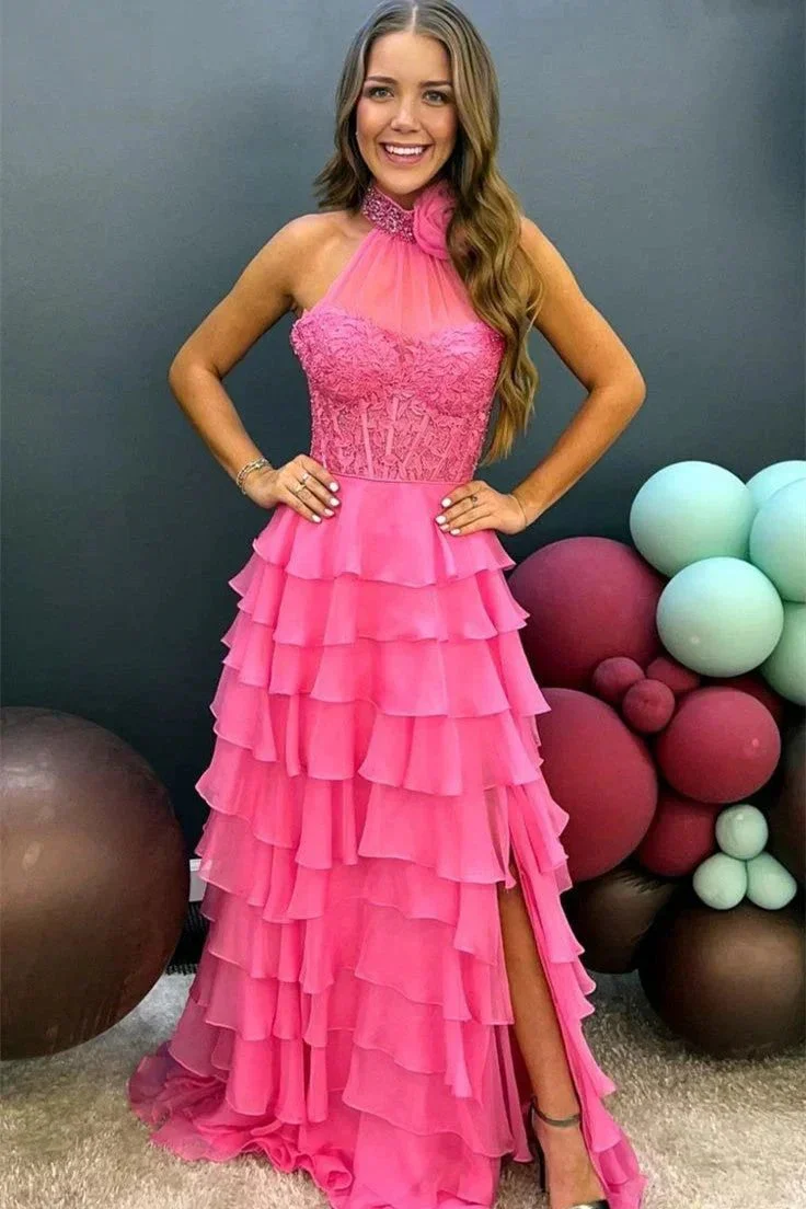 Emerie |A line High Neck Tiered Chiffon Prom Dress with 3D Flower - Image 4