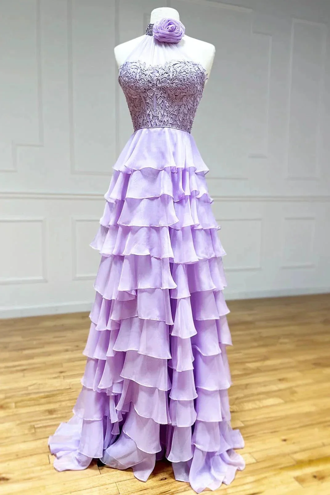 Emerie |A line High Neck Tiered Chiffon Prom Dress with 3D Flower - Image 5