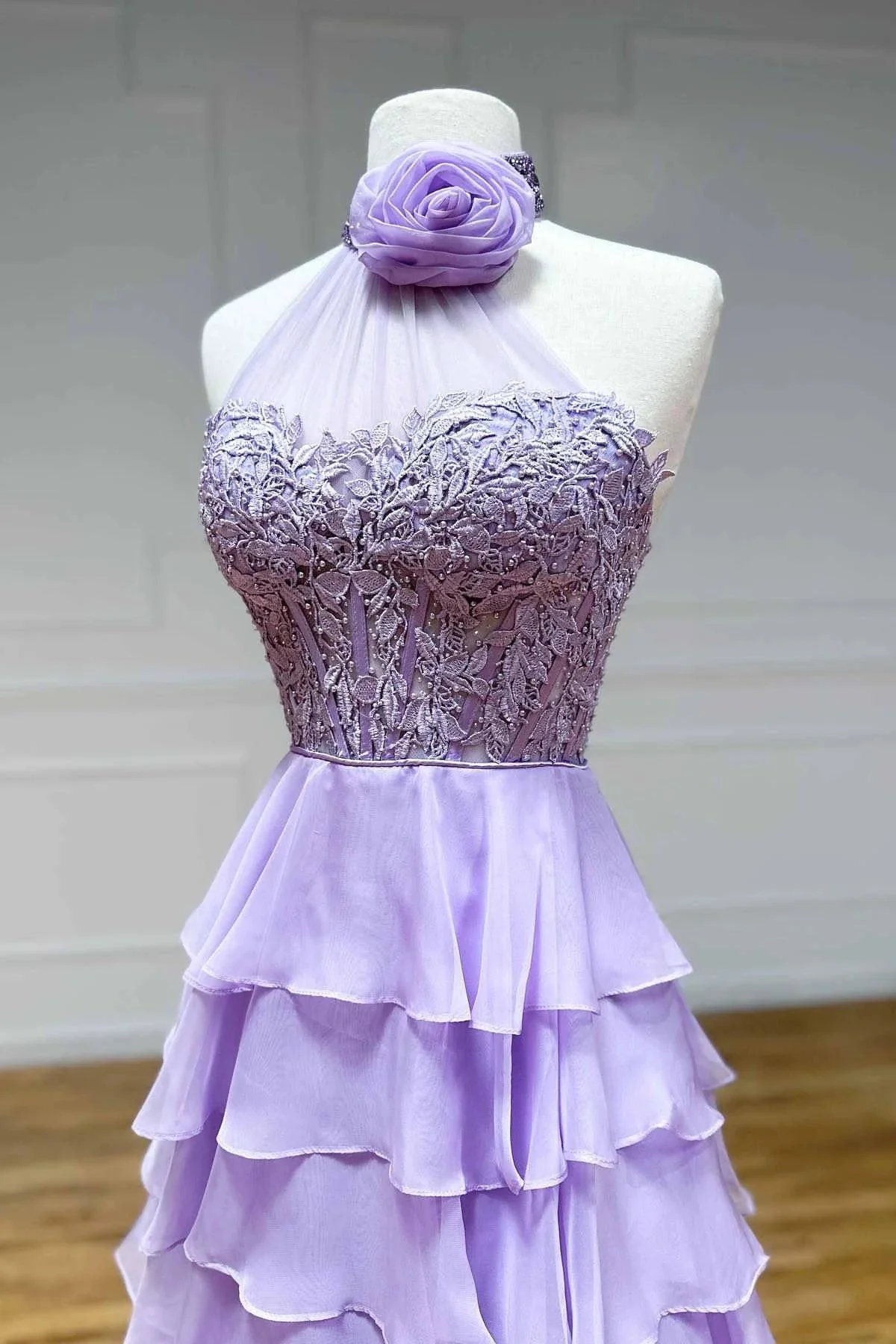 Emerie |A line High Neck Tiered Chiffon Prom Dress with 3D Flower - Image 6