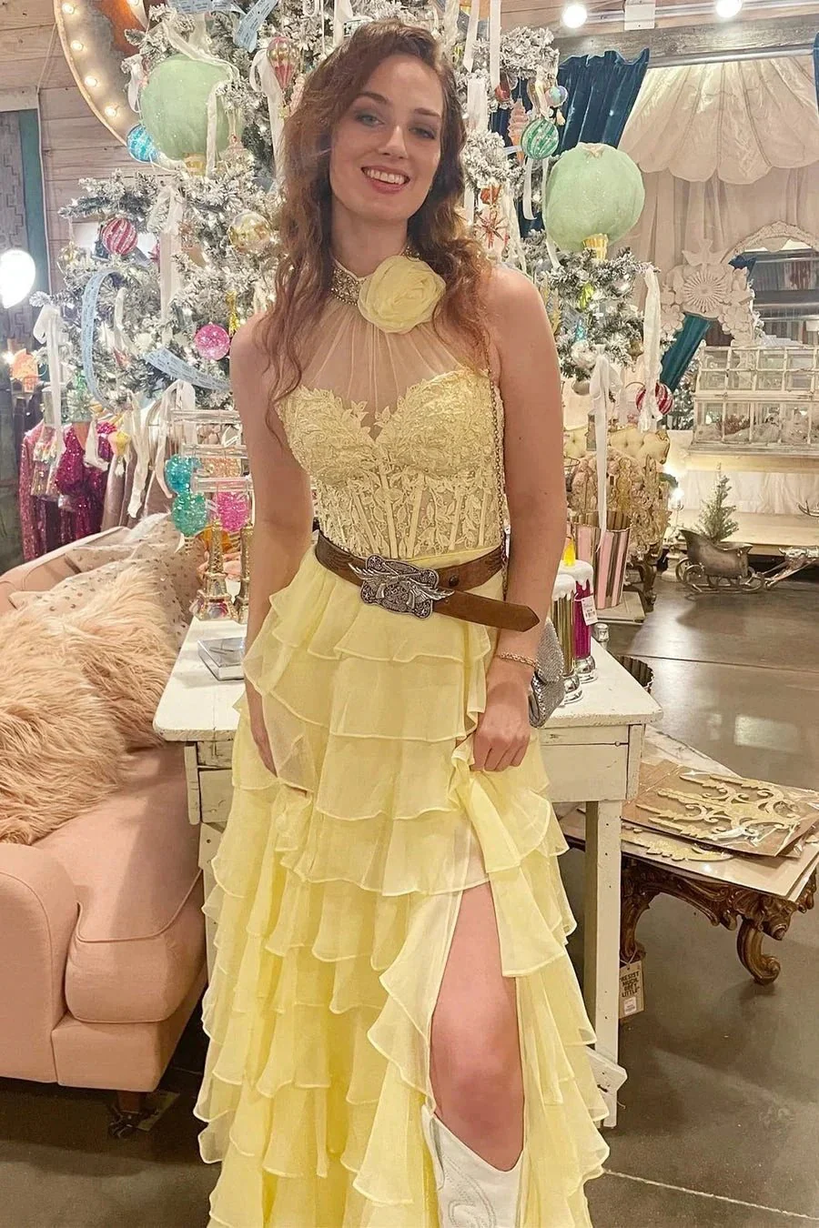 Emerie |A line High Neck Tiered Chiffon Prom Dress with 3D Flower - Image 7