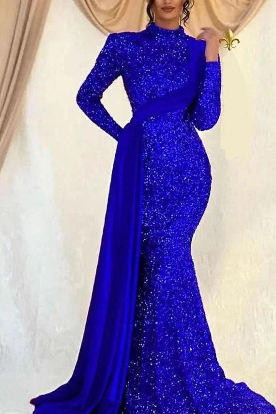 High Neck Long Sleeves Sequined Mermaid Prom Dress with Ruffles - Image 2