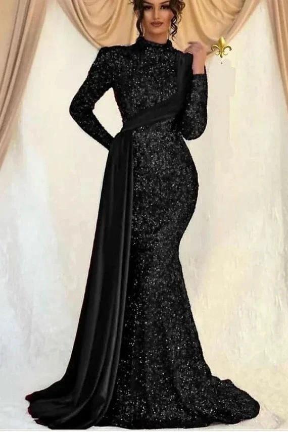 High Neck Long Sleeves Sequined Mermaid Prom Dress with Ruffles - Image 3
