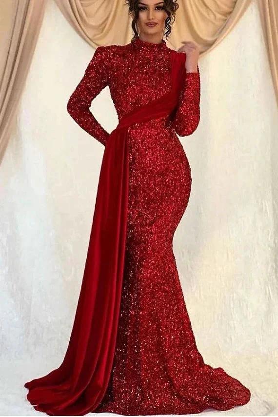 High Neck Long Sleeves Sequined Mermaid Prom Dress with Ruffles - Image 4