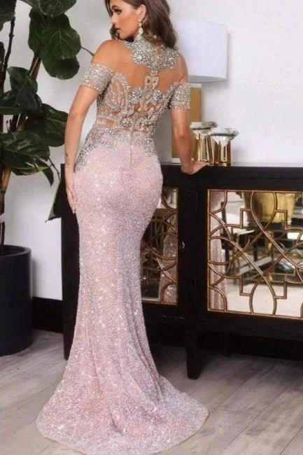 High Neck Pink Half Sleeves Mermaid Prom Dress with Appliques - Image 2