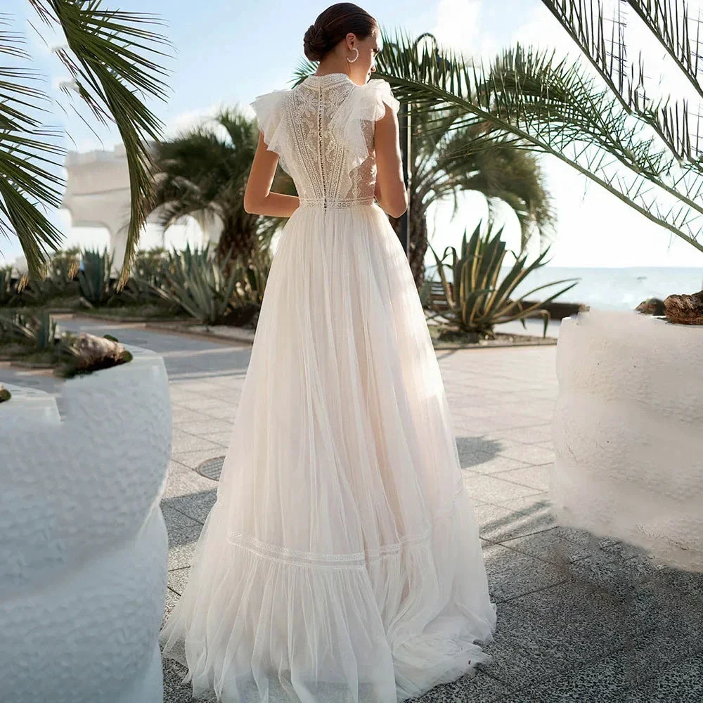 High Neck Sleeveless Wedding Dresses Lace Appliques A Line فساتين السهرة Sweep Train Bohemian New Vestidos De Novia - Image 4