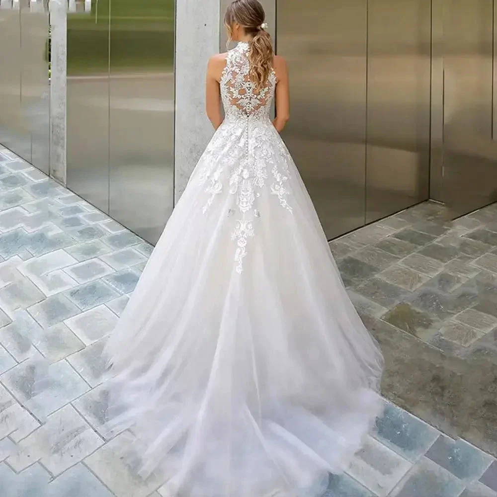 High Neck Vestidos De Novia Appliques Vestido De Noiva Sleeveless Wedding Dresses Lace Robe De Mariée - Image 2