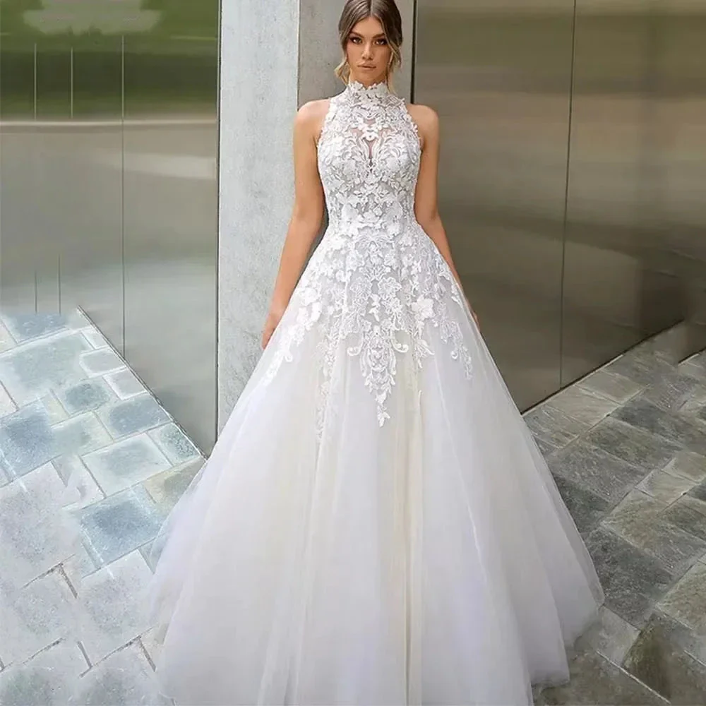 High Neck Vestidos De Novia Appliques Vestido De Noiva Sleeveless Wedding Dresses Lace Robe De Mariée - Image 3