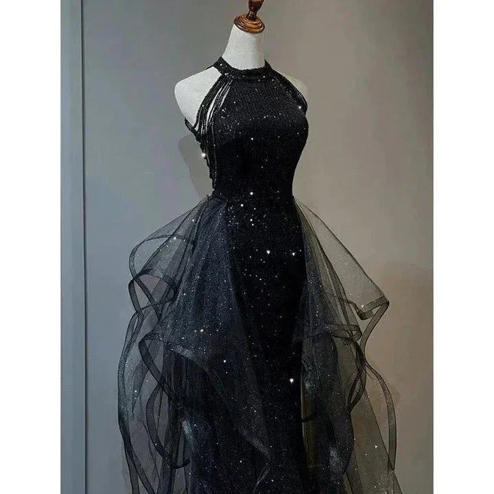 High Neckline Black Halter Shiny Tulle And Sequins Evening Dress, Black Tulle Prom Dress Y1864 - Image 2