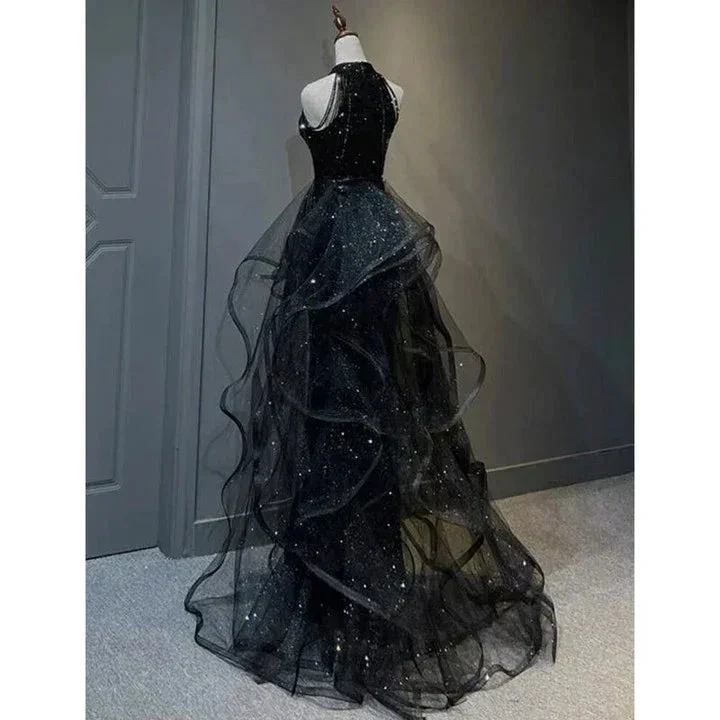 High Neckline Black Halter Shiny Tulle And Sequins Evening Dress, Black Tulle Prom Dress Y1864 - Image 3