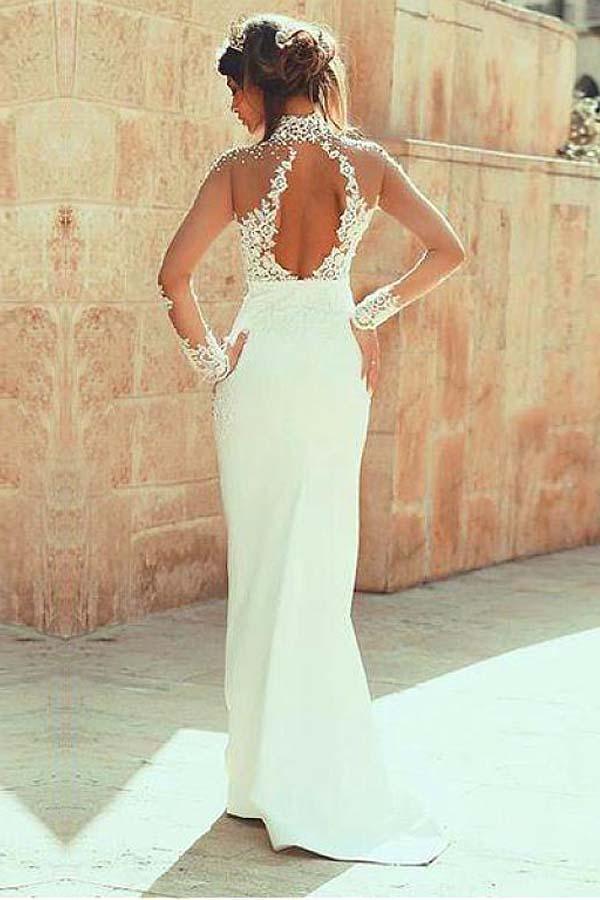 High Neckline Sheath Wedding Dresses With Beaded Lace Appliques WD191 - Image 2